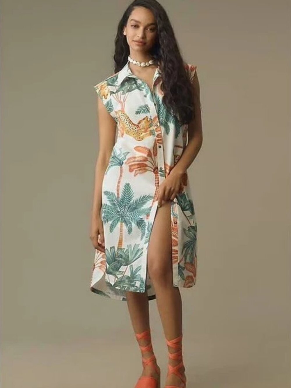 Maeve The Lillian Tropical Safari Cap-Sleeve Button-Front Midi Dress
